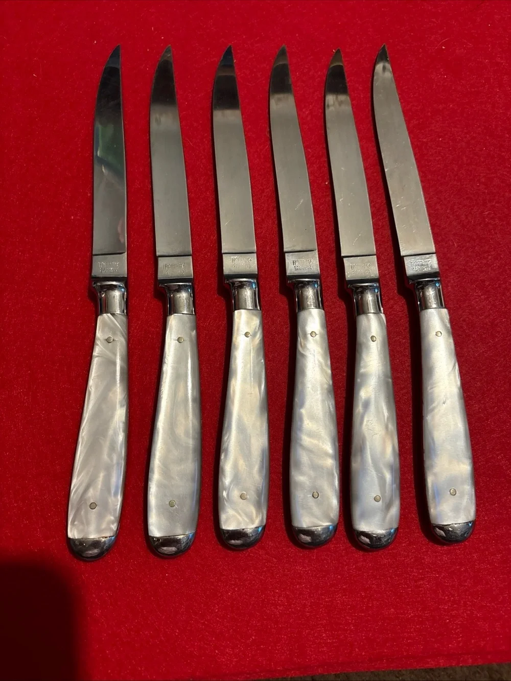 Unique Vintage Pearl-Effect Handle Steak Knives with Silver Blades , Germany